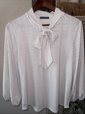 Adrianna Papell White Blouse with Black Micro Dot Tie-Neck